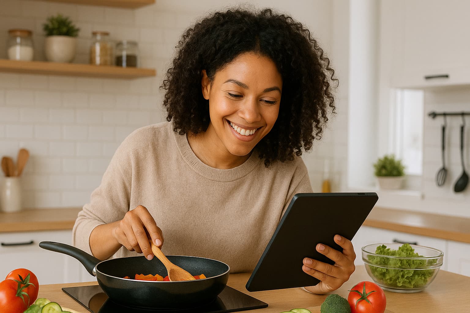 Woman smiling while looking at a recipe on a tablet in her kitchen.