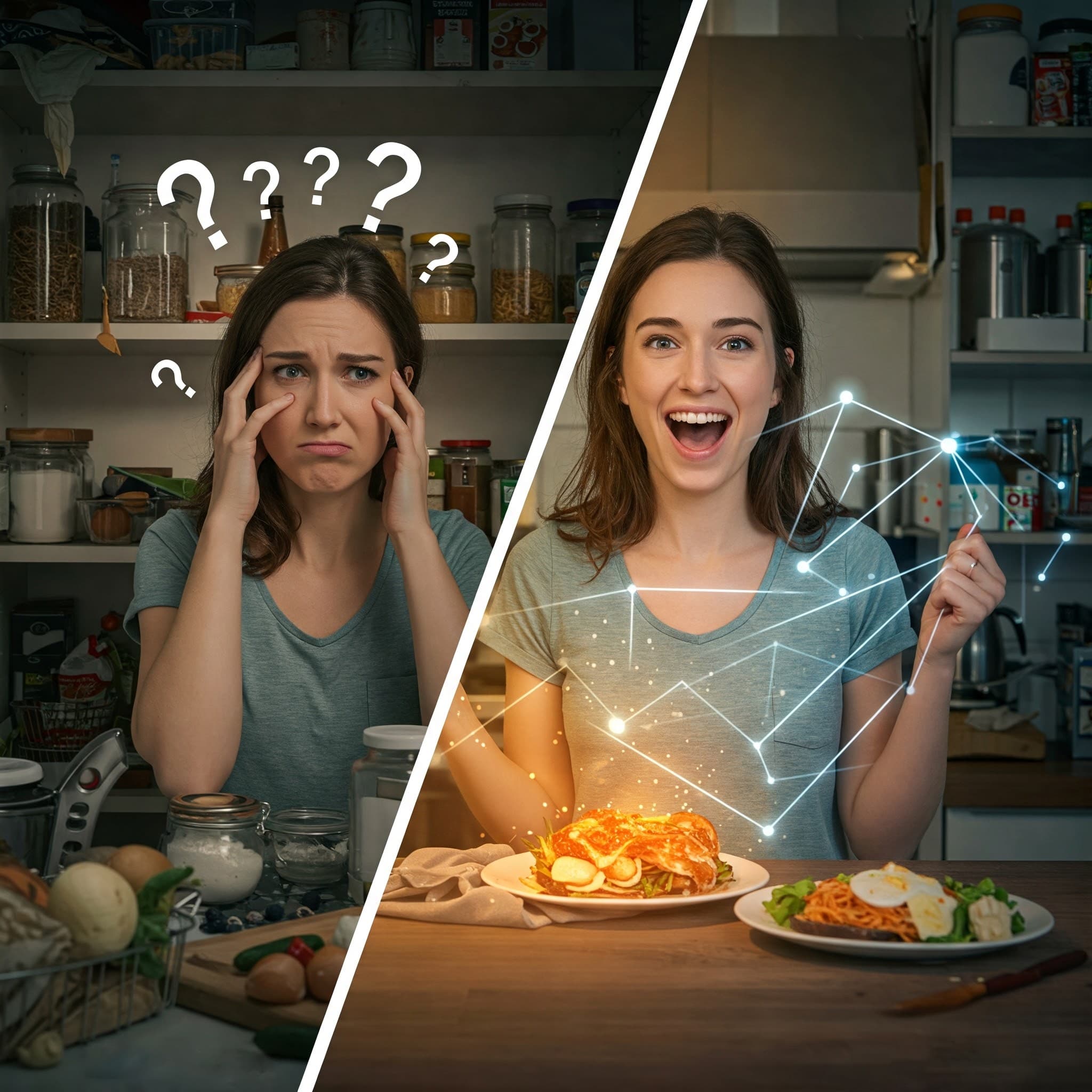 A before and after image: A woman that is struggling with coming up with dinner ideas on the left, and a perfectly cooked meal on right.